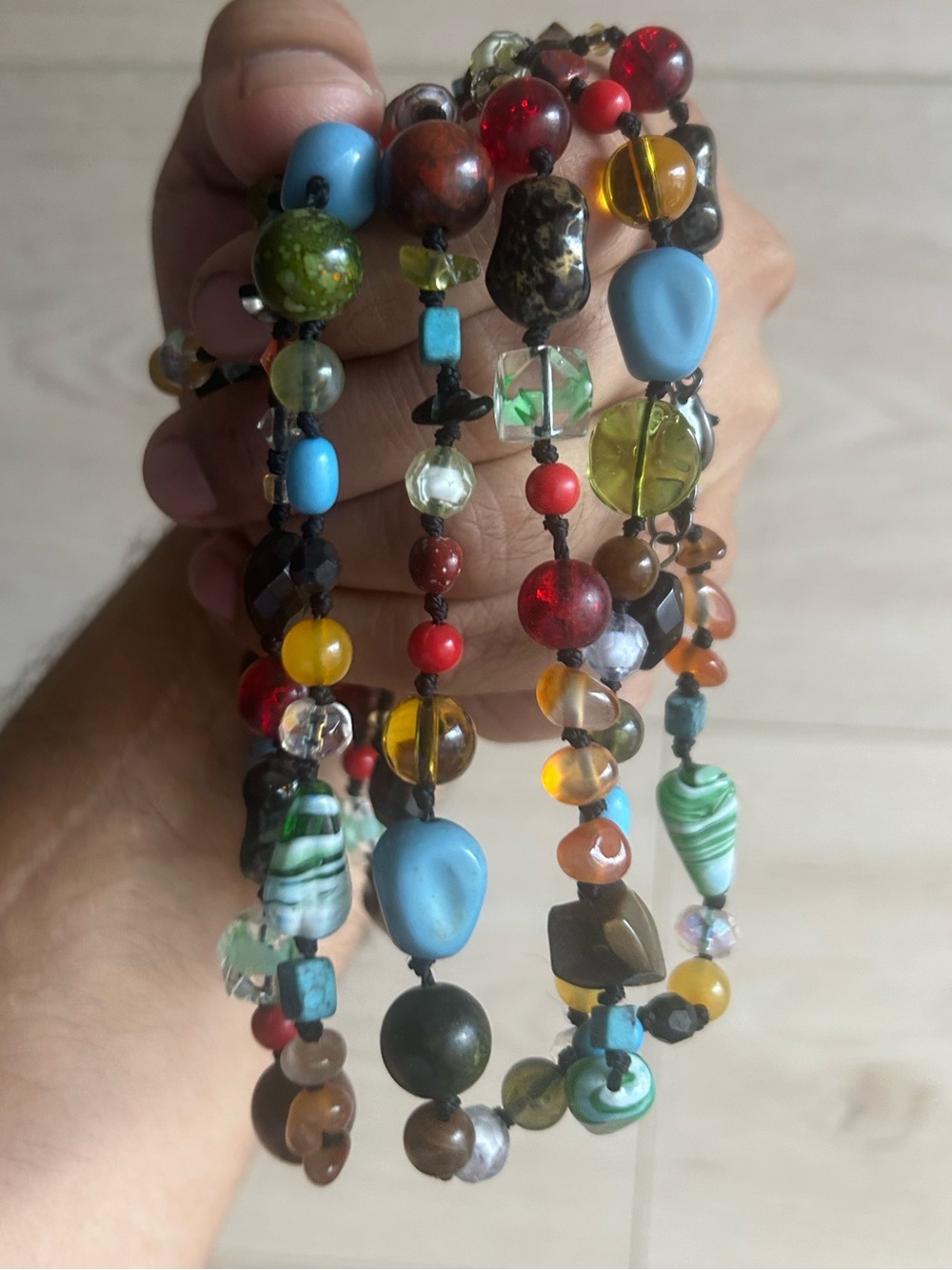 Vintage Cookie Lee Hand-knotted Art Glass and Gemstone Beaded Necklace 60”